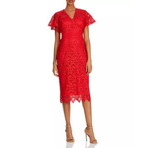 Shoshanna Taylor Imperial Floral Lace Midi Dress Cherry Red V Neck Flutter 8